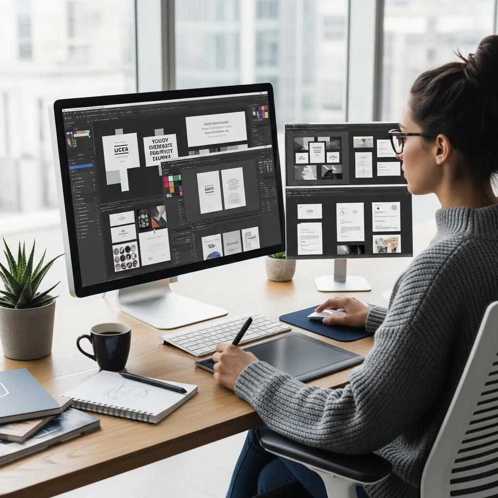 Suunnittelija työstämässä yritysilmettä tietokoneella