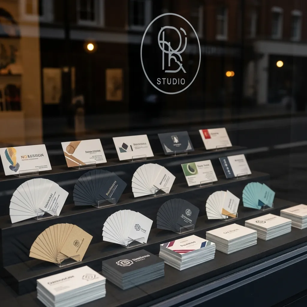 Valmiita käyntikortteja studiomme näyteikkunassa esillä