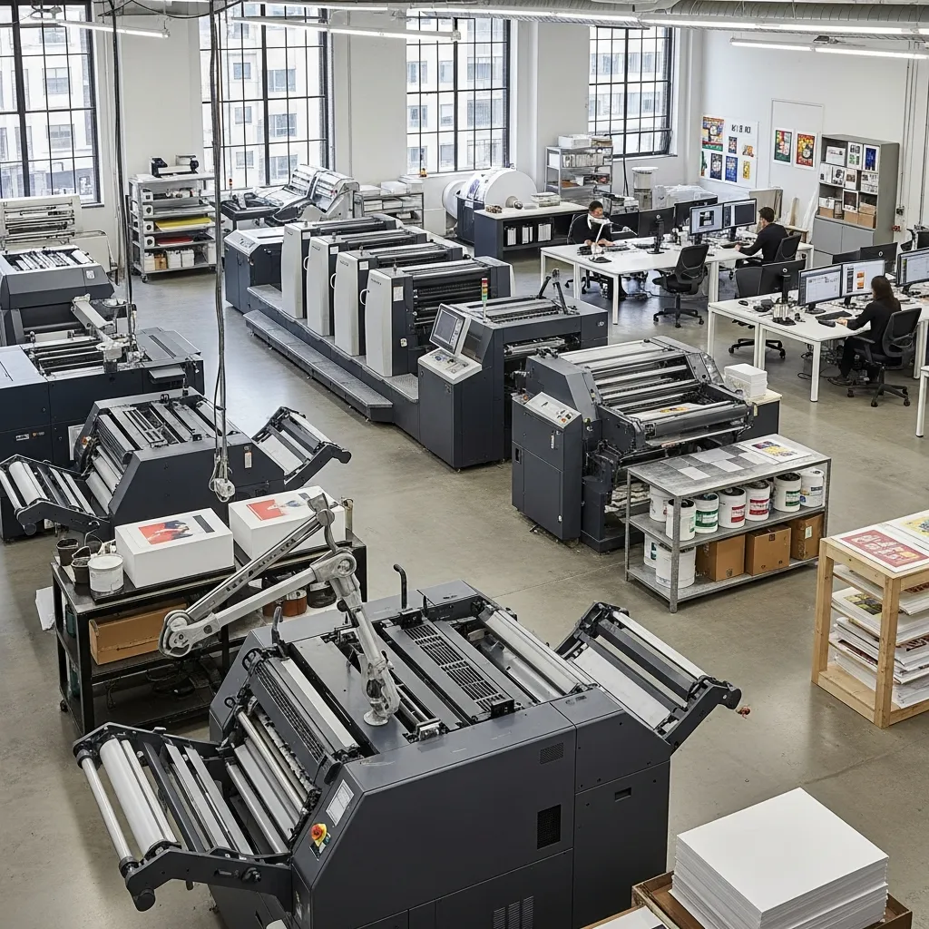 shivwhshyxea studion sisätilat, joissa näkyy modernit painokoneet ja työskentelytilat